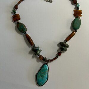 Signed BARSE .925 Sterling Silver Turquoise & Amber Necklace 52.55 Grams 18" L